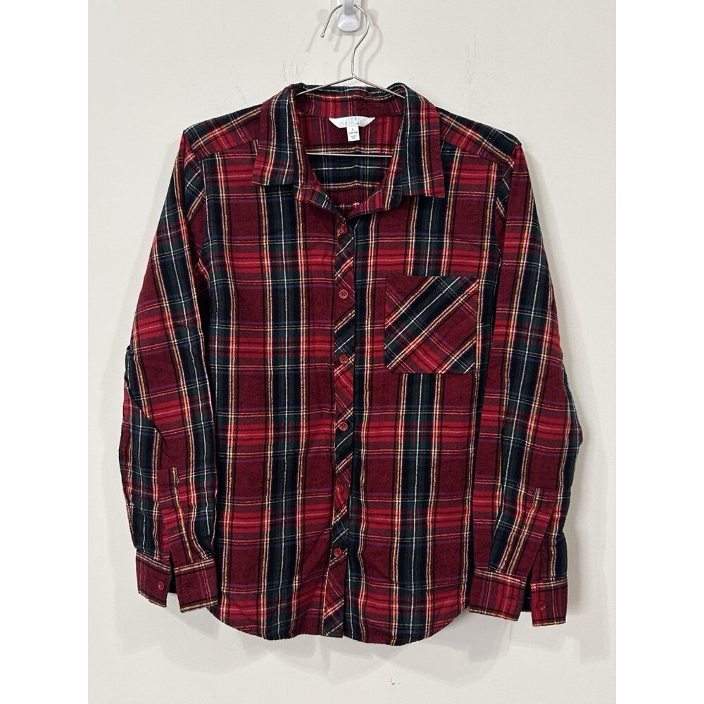 Time & Tru Womens Plaid Flannel Shirt Large Red Green Gold Button Up Long Sleeve